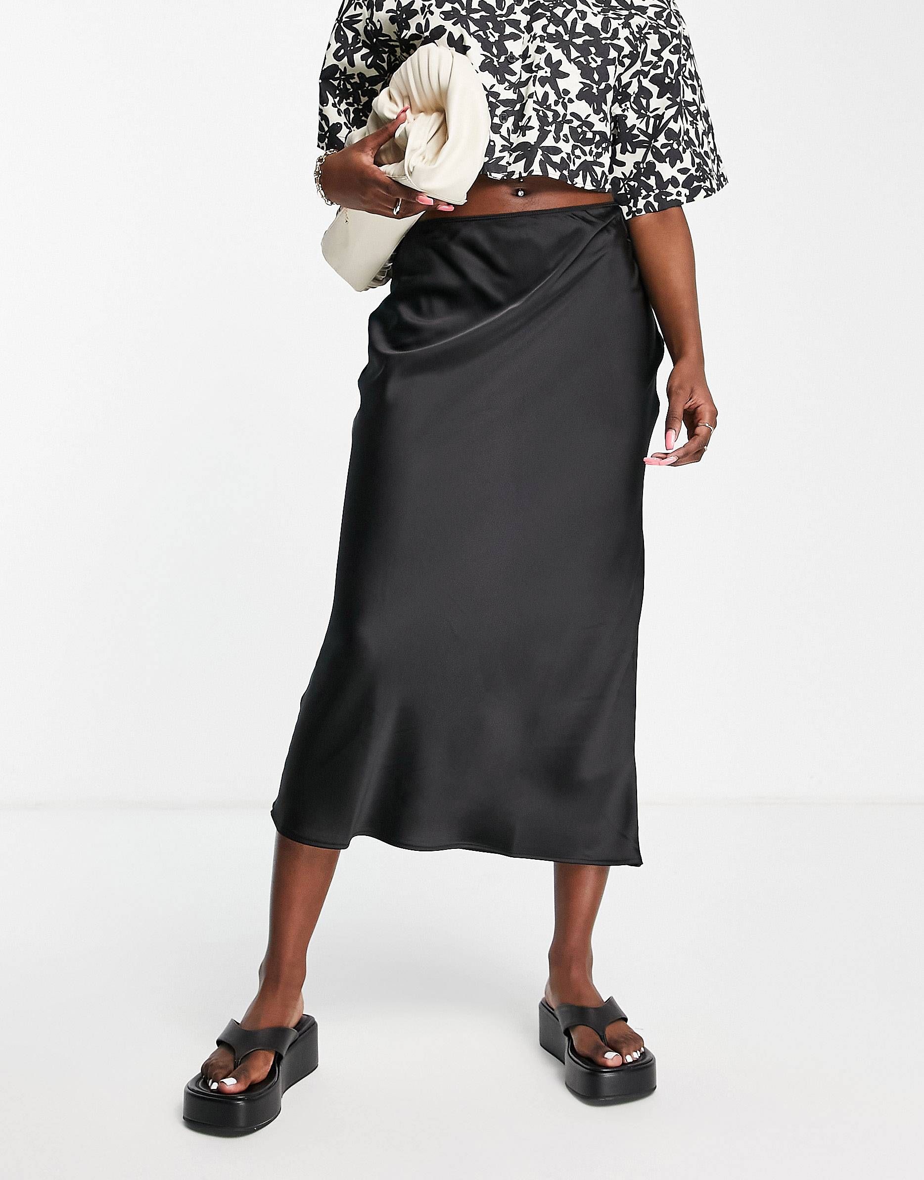 Topshop satin bias midi skirt in black | ASOS | ASOS (Global)