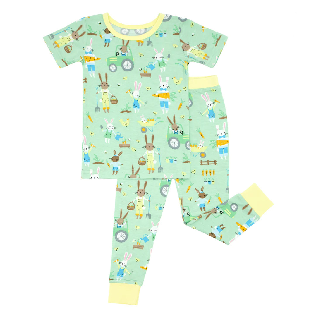 Pistachio Hop To It Two-Piece Short Sleeve Bamboo Viscose Pajama Set | Little Sleepies