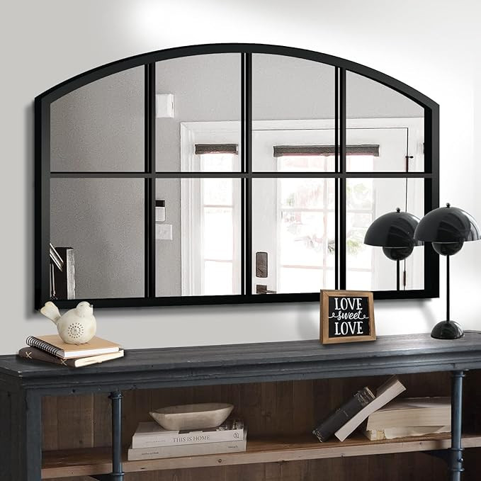 WAMIRRO Wide Window Pane Black Mirror,Farmhouse Arched Wall Mirror,Grid Mirror for Fireplace/Entr... | Amazon (US)