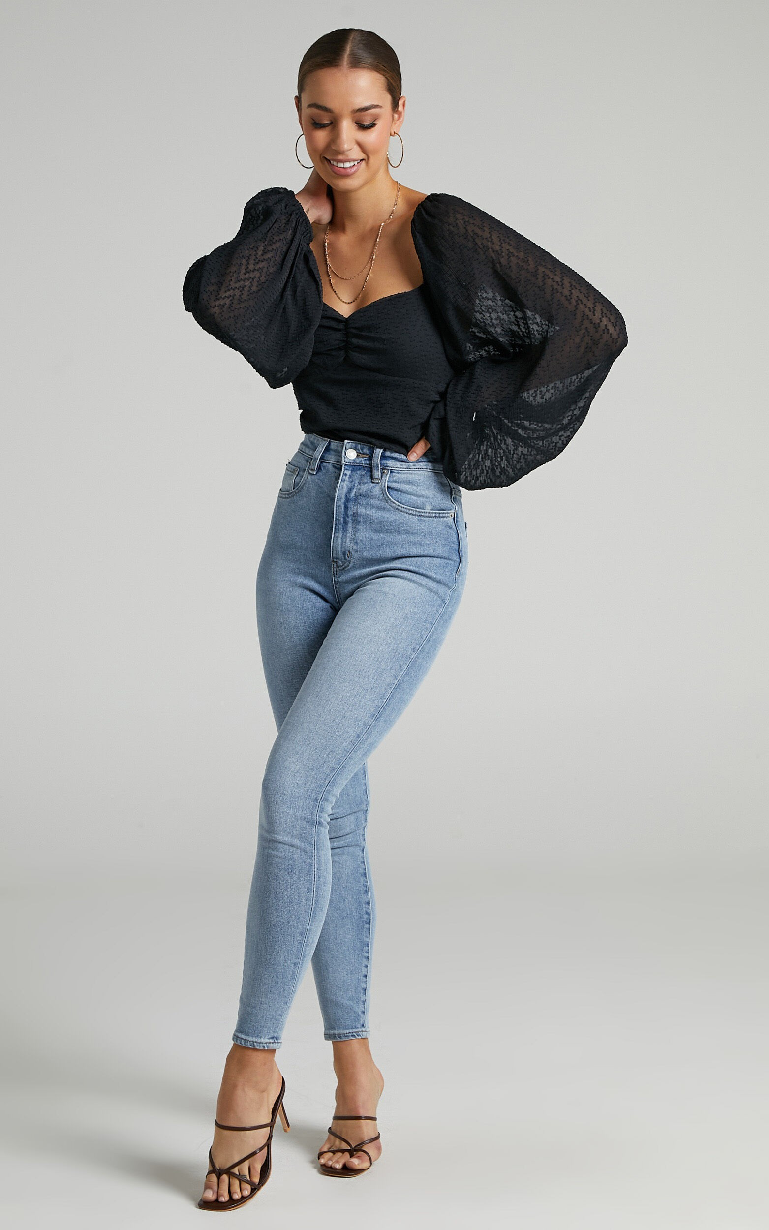 Lunara Textured Balloon Sleeve Bodysuit in Black | Showpo - deactived