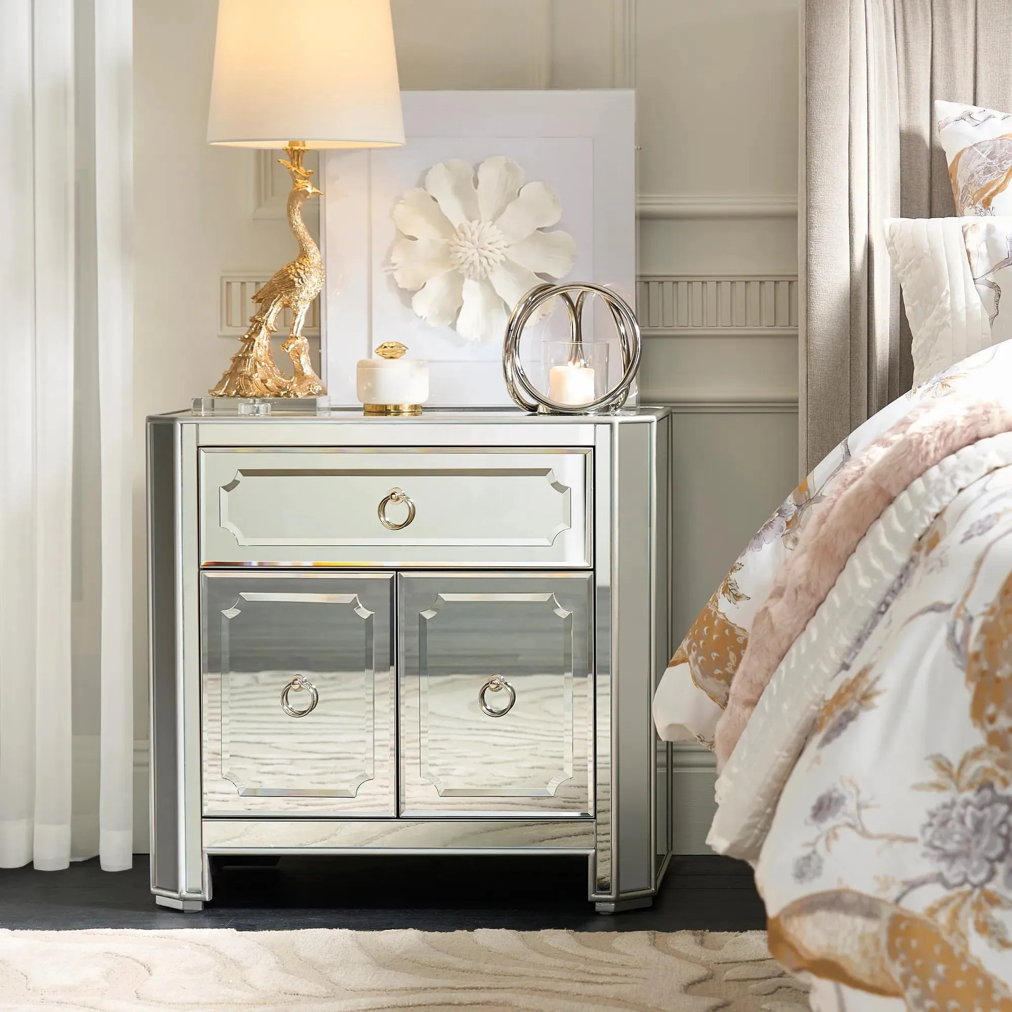 Simplicity Mirrored Nightstand | Silver | Nightstands | Z Gallerie | 30"W x 17"D x 29"H | Hardwood | Z Gallerie
