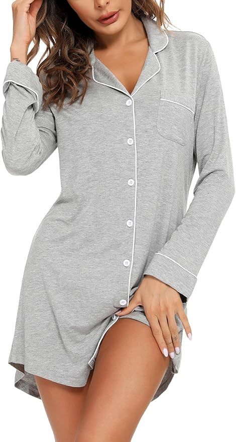 Samring Pajama Nightgown for Women Short/Long Sleeve Button Down Nightwear Top Boyfriend Sleep Sh... | Amazon (US)