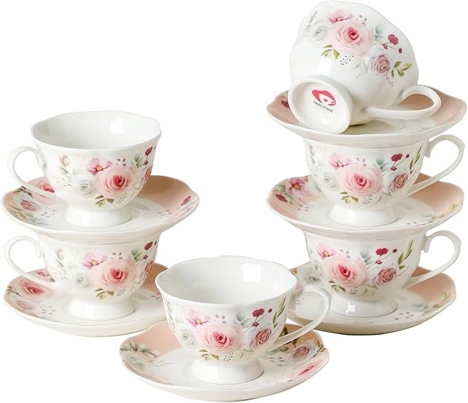 Floral Porcelain Tea Cup Set of 6 (12-Piece), 6 Cups & 6 Saucers with Rose Pattern, 6oz Scalloped... | Amazon (US)