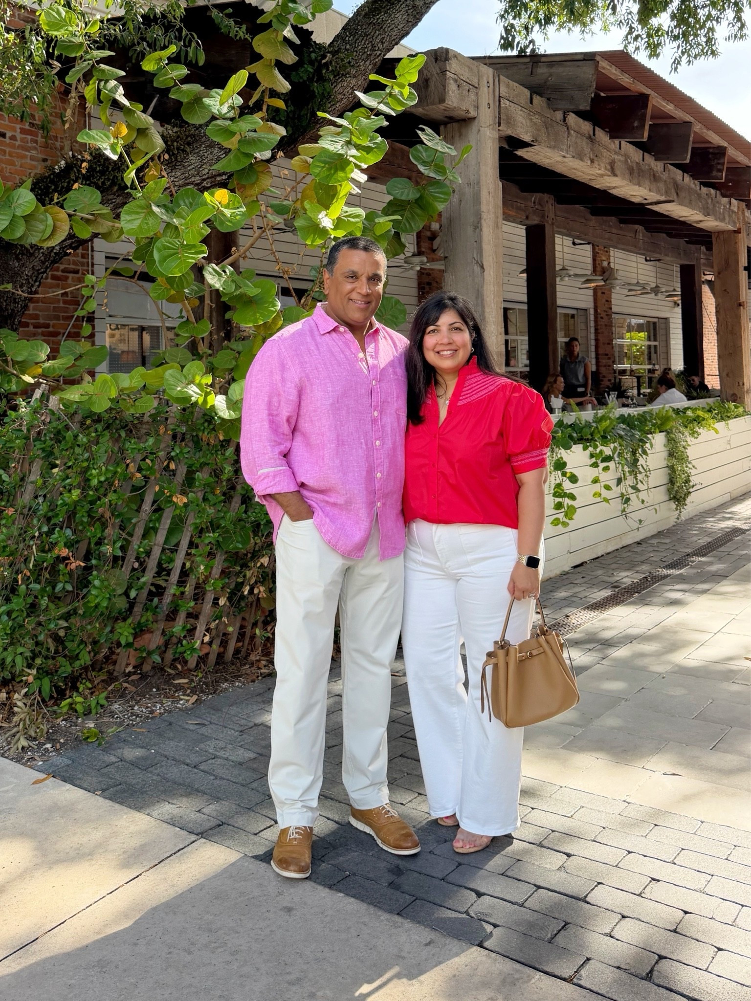 Summer outfits for him and her! Love how my husband’s pink shirt matches the pink stitching on my top! Perfect casual date night outfits! 

Avara top size large. Madewell white wide leg jeans size 32 Short. Schutz sandals. Tory Burch bucket bag. 

My husband’s outfit: Tommy Bahama linen shirt. Lululemon pants. Cole Haan shoes.

#LTKMens #LTKMidsize #LTKootd