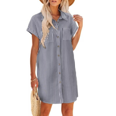 Button Down Shirtsdress for Women Summer 2025 Short Sleeve Shift Dress Striped Shirt Dress Chest Pocket Sundress with Chest Pocekts,Navy Stripe - S | Target