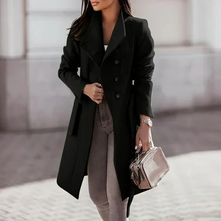 Dolkfu Long Black Trench Coat Women Womens Autumn and Winter Lapel Woolen Cloth Coat Trench Jacket L | Walmart (US)