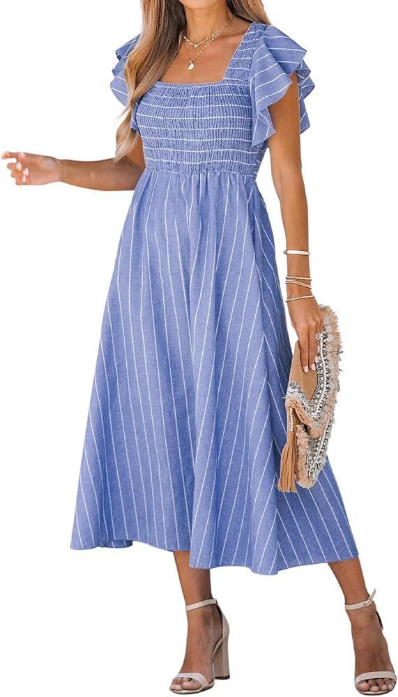 CUPSHE Women's Square Neck Striped Smocked Dress Ruffled Cap Sleeves Dress A Line Maxi Dress | Amazon (CA)