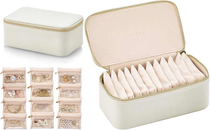 VLANDO Travel Jewelry Box Organizer – Portable PU Leather Jewelry Case with 6/8/12 Zippered Pou... | Amazon (US)