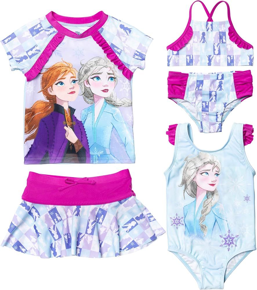 Disney Frozen Elsa Anna 5 Piece Swimsuit Set: Rash Guard Bikini Skirt One-Piece | Amazon (US)