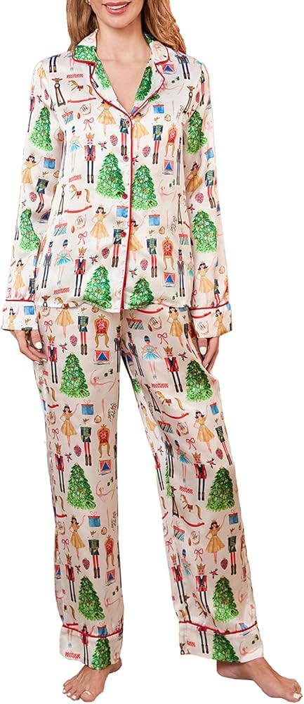 Luckinbaby Satin Silk Christmas Pajamas Set for Women Xmas Print Long Sleeve Shirts Lounge Set Tw... | Amazon (US)