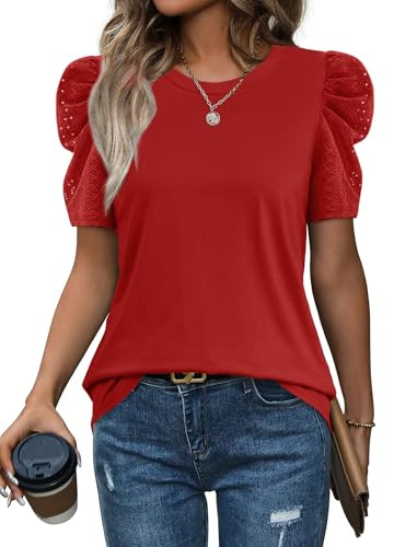 WIHOLL Plus Size Blouses for Women Dressy Casual Puff Sleeve Tops Winter Holiday Outfits Cute Tunic Shirts Curve Hem Red XL | Amazon (US)