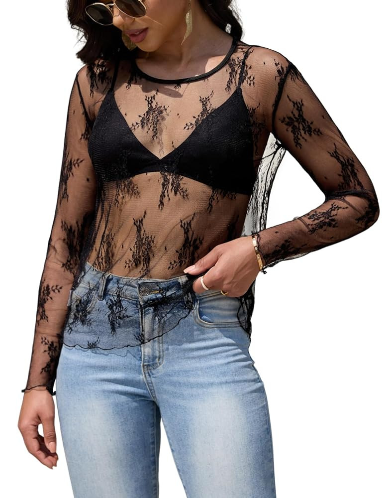 Lace Tops for Women Mesh Long Sleeve Top Crew Neck Sheer Blouse Sexy See Through Layering Shirts ... | Amazon (US)