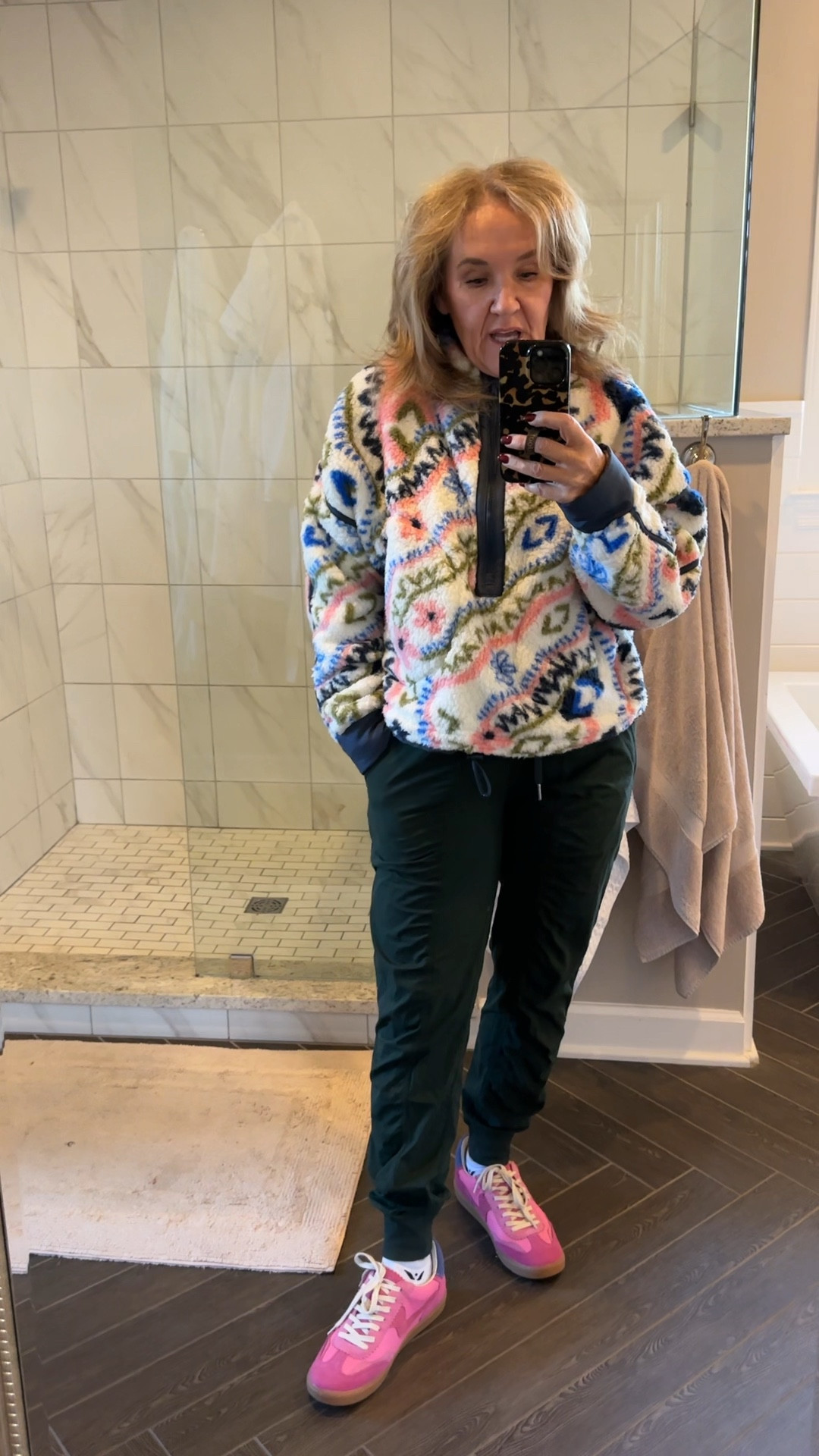 Linking joggers and sneakers. The jiggers are home in green but there’s a pretty burgandy. I’ll link a few other options too. 

Fleece is linked on insta. Dm me there. 

Sneakers are tts. Love them. Very comfortable walk all day worthy. 

Cozy outfit Lululemon free people dolce vita 

#LTKTravel #LTKOver40 #LTKSeasonal