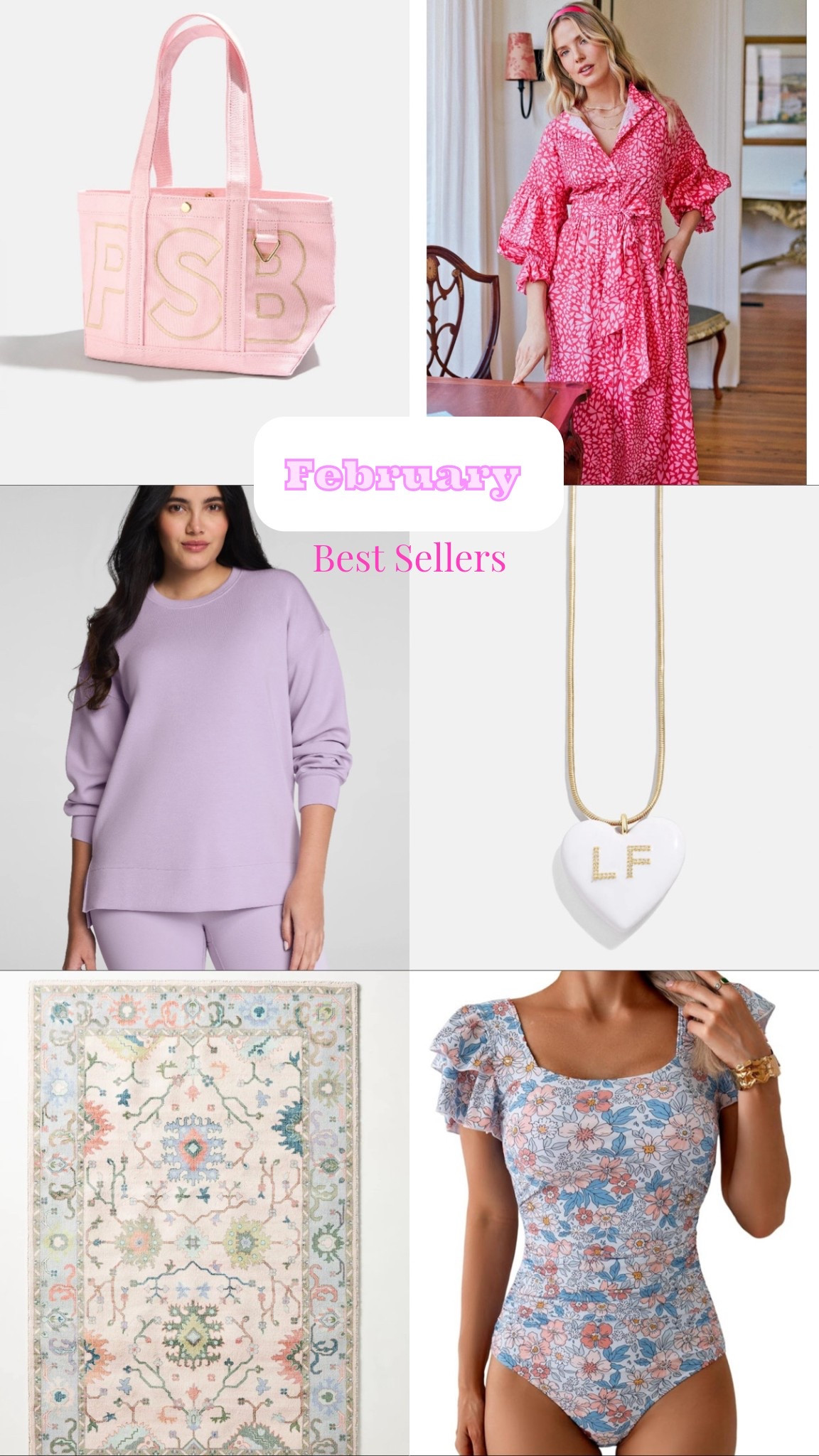 February best sellers 
Loving lately
Pastels
Purple & pink
Heart necklace 
Personality tote
Anthro rug
One piece swimsuit 



#LTKHome #LTKSwim #LTKSaleAlert