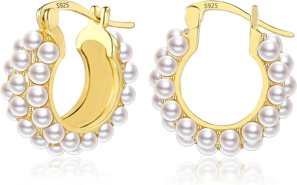 Gold Pearl Earrings for Women Hypoallergenic Sterling Silver Post Gold Pearl Hoop Earrings Pearls... | Amazon (US)