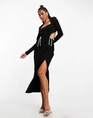 ASOS DESIGN long sleeve cut-out midi dress with diamante trims in black | ASOS (Global)