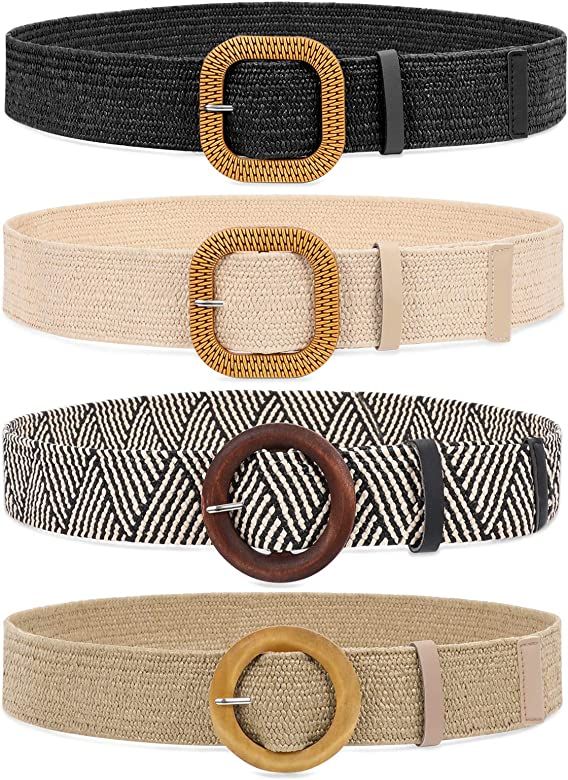WHIPPY Set of 4 Straw Woven Elastic Stretch Waist Belts for Women, Fashion Boho Ladies Braided Skinn | Amazon (US)