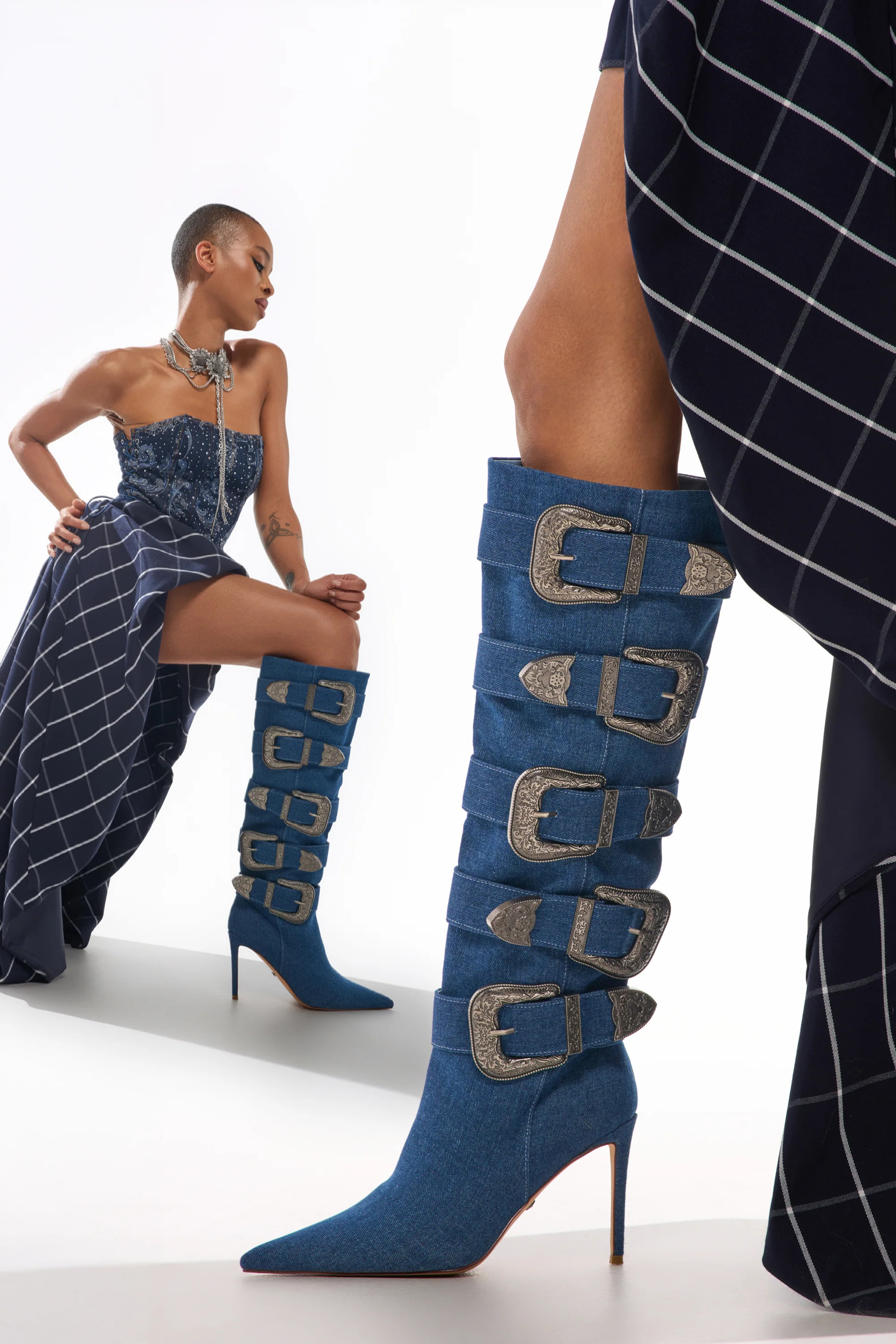 AKIRA GOLD FALLON DENIM BUCKLE EMBELLISHED STILETTO BOOT | AKIRA