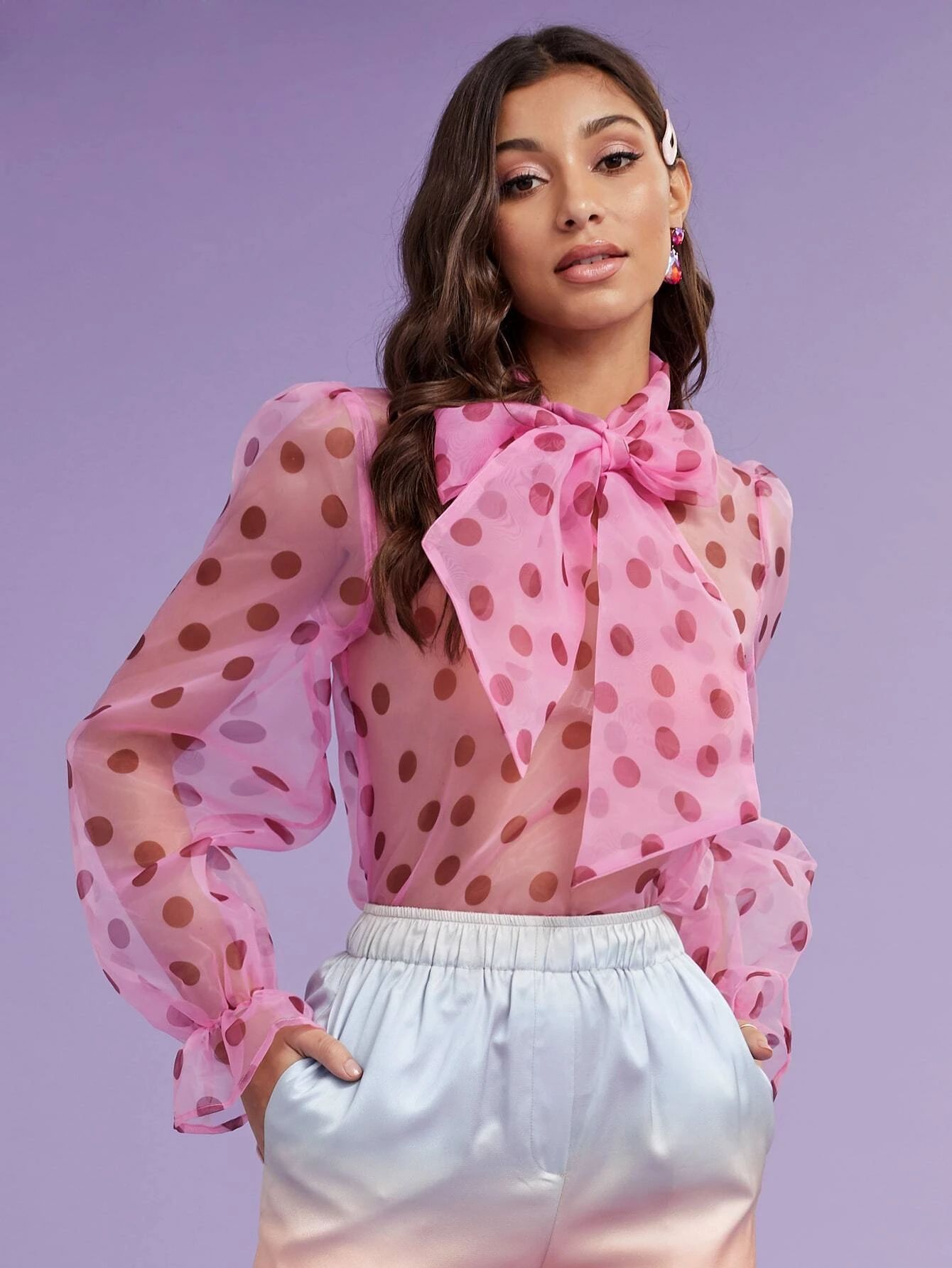 SHEIN Tie Neck Ruffle Cuff Polka Dot Organza Sheer Top | SHEIN