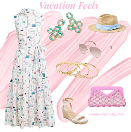 All the Coastal Vacation Feels!

The Map Print Midi Dress is especially great for us Southern Gals - has Charleston,  Savannah, Louisiana, Palm Trees, Gators, Sailboats & more! It’s also on Sale!

Paired it with Green Multi Raffia Earrings (can you tell I love these? My pair are on their way), Blue Striped Straw Fedora Hat, Aviator Sunglasses, Pink Bangles (have them & they’re on sale for $5!), Pink Knotted Net Clutch & White Espadrille Style Sandals

J.Crew Factory. Target. Loft. Vacation Outfits. Resort Wear. Spring. Summer  

#LTKstyletip #LTKSeasonal #LTKtravel