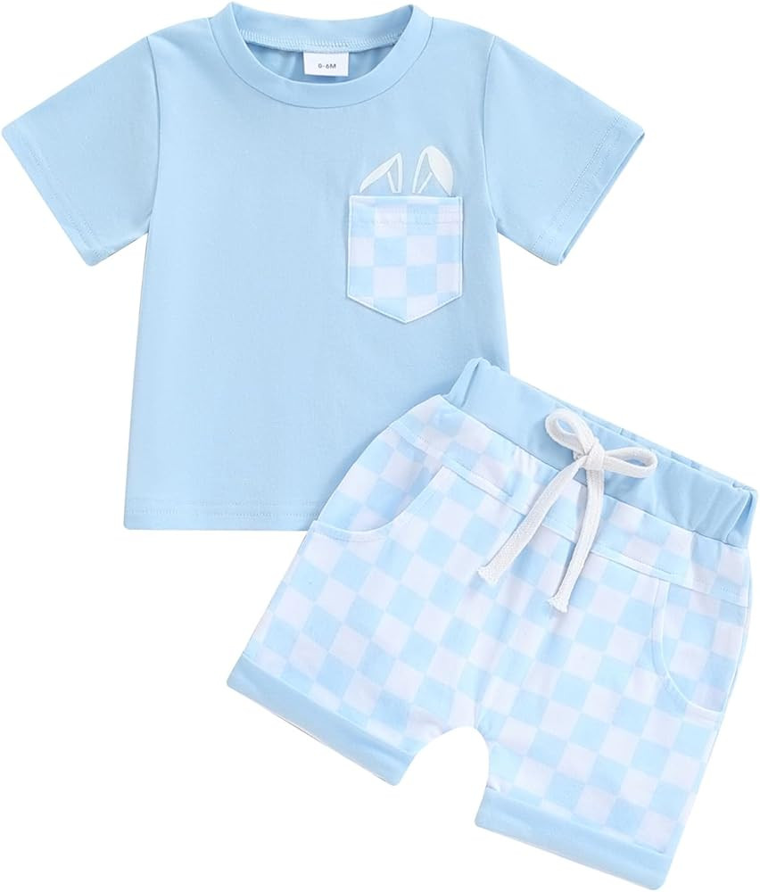 Baby Boys Outfits Short Sleeve Checkerboard Print Hooded T-Shirt and Elastic Shorts Toddler Summe... | Amazon (US)