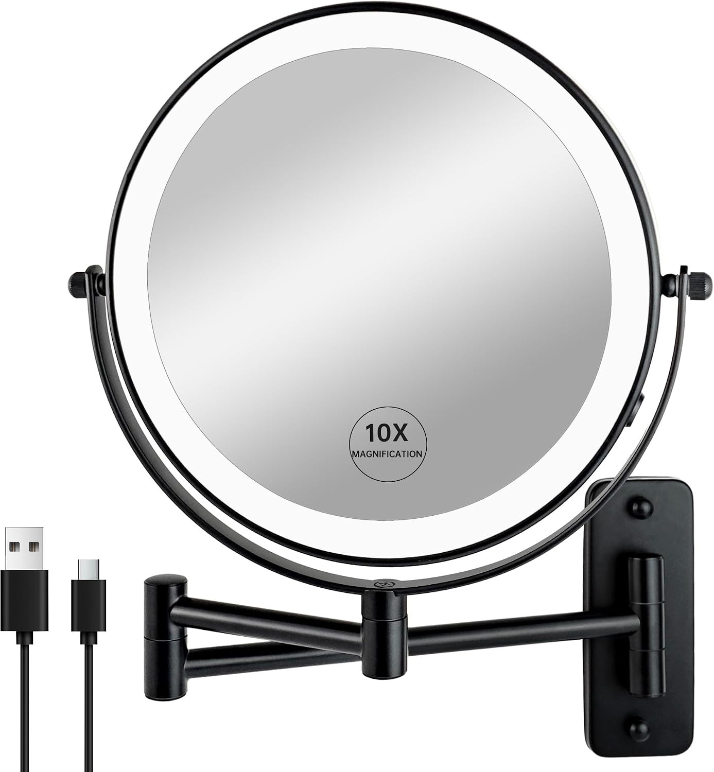JANEEVA 8" Wall Mounted Lighted Makeup Mirror,Rechargeable Double Sided 1X/10X Magnifying Mirror with 3 Color Lights,Touch Dimmable Bathroom Vanity Mirror with 360°Swivel Extendable Arm Matte Black | Amazon (US)