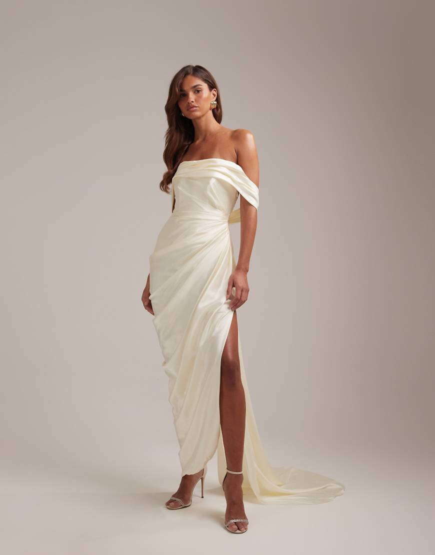 ASOS DESIGN draped bardot tie back maxi wedding dress-White | ASOS (Global)