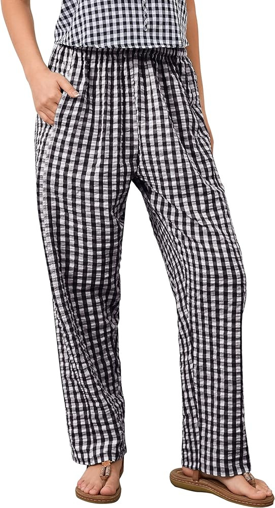 Livtany Women's Mid-Rise Plaid Wide Leg Lounge Long Pant Classic Gingham Print Stretchy Elastic W... | Amazon (US)