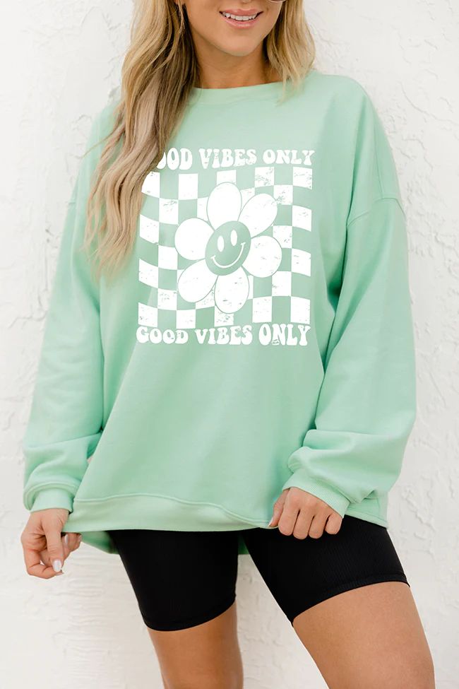 Good Vibes Only Smiley Checkered Mint Oversized Graphic Sweatshirt | Pink Lily