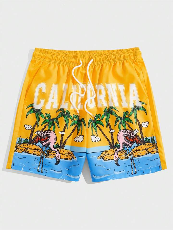 ROMWE Street Life Men Coconut Tree & Letter Graphic Drawstring Waist Shorts | SHEIN