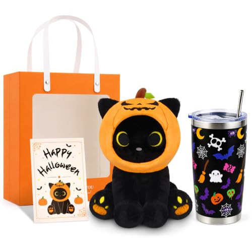 Halloween Plush Gifts Set for Kids – Pumpkin Black Cat Plush and Cup | Amazon (US)