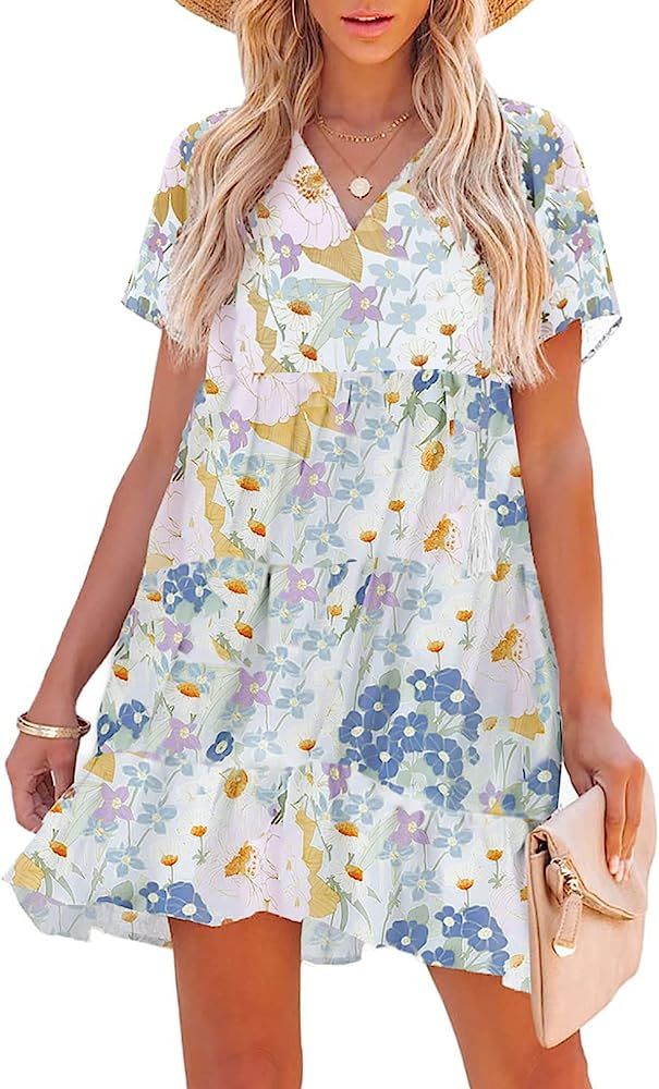 SHEWIN Womens Summer Floral Boho Mini Dress Casual V Neck Short Sleeve Ruffle Hem A-Line Bohemian... | Amazon (US)