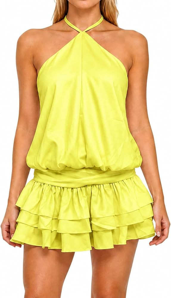 Womens Y2K Halter Mini Ruffle Dress Sleeveless Drop Waist Tiered Chiffon Flowy Boho Casual Summer... | Amazon (US)