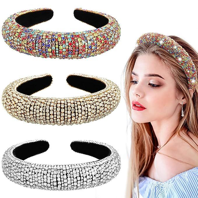 3 Pieces Rhinestone Crystal Diamond Headband Wide Velvet Padded Hairbands Hair Party Wedding Head... | Amazon (US)