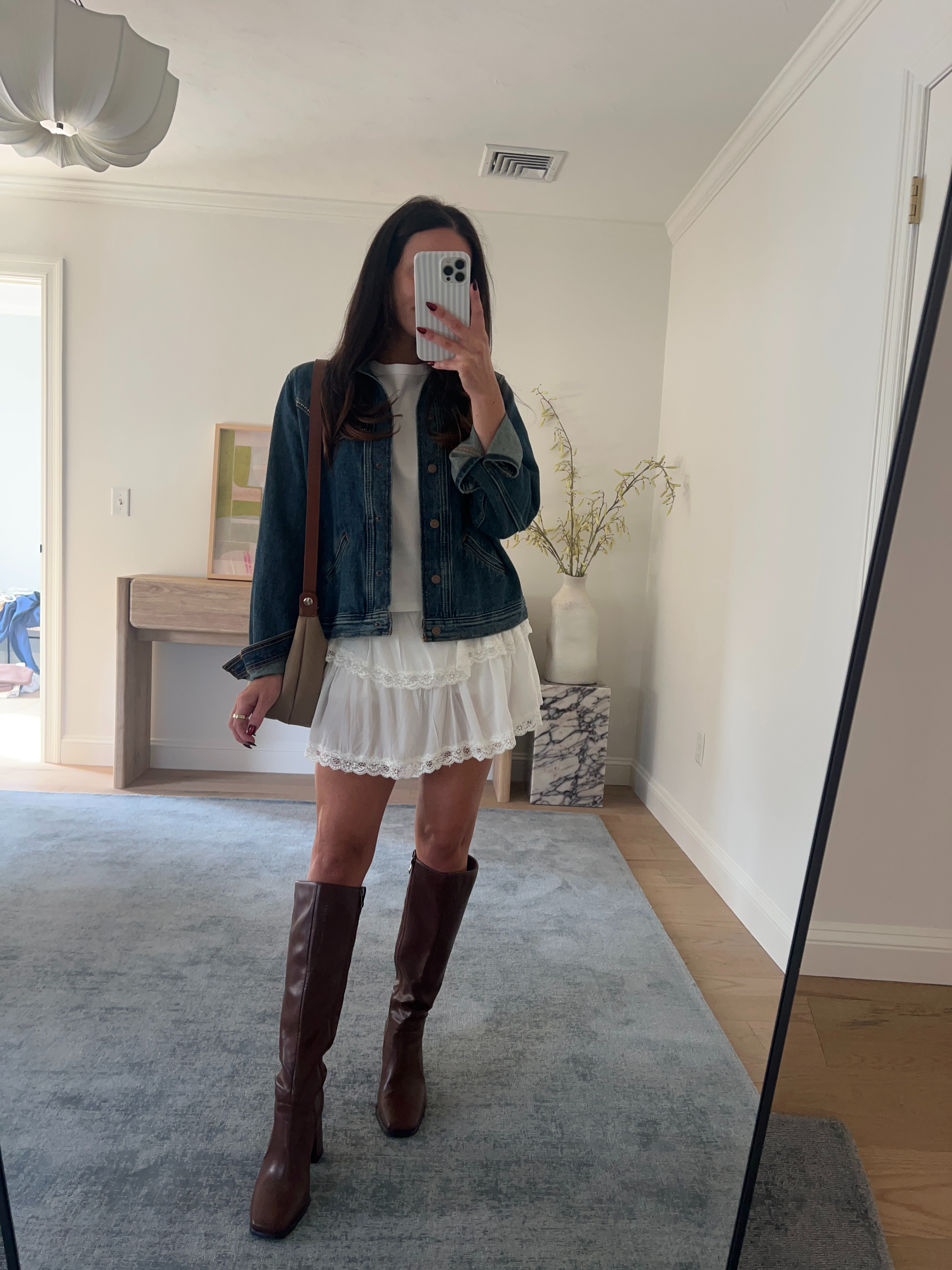 Fall skirt outfit- Jacket in M , boots true to size, skirt in S 

 