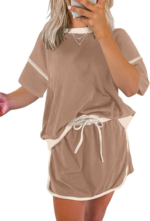 EVALESS Women's 2 Piece Sets Summer Casual Short Sleeve Tops Matching Drawstring Mini Skirt Going... | Amazon (US)