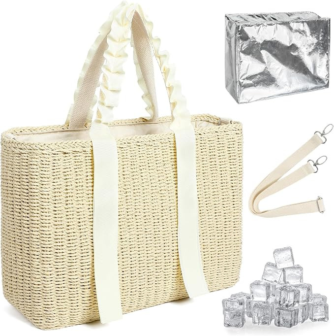 14L Large Insulated Beach Cooler Bag with Removable Liner, Natural Corn Husk Straw Travel Tote fo... | Amazon (US)