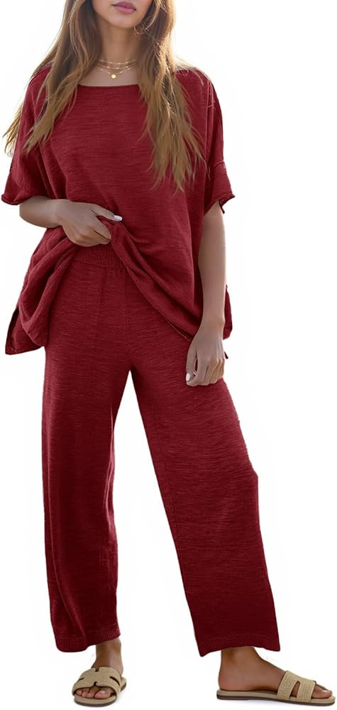 Tankaneo Women's 2 Piece Travel Outfits Casual Short Sleeve Knit Sweater Set Wide Leg Pants Loung... | Amazon (US)