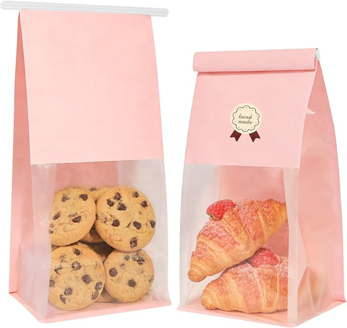 50 pcs Pink Bakery Bags with Window, 5.1x3.9x11 Inches Paper Bread Bags, | Amazon (US)