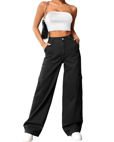 Cargo Pants Women High Waist Baggy Cargo Jeans Relaxed Fit Y2K Streetwear Pants Casual Elastic Waistband Combat Military Trousers L-Black. | Amazon (US)