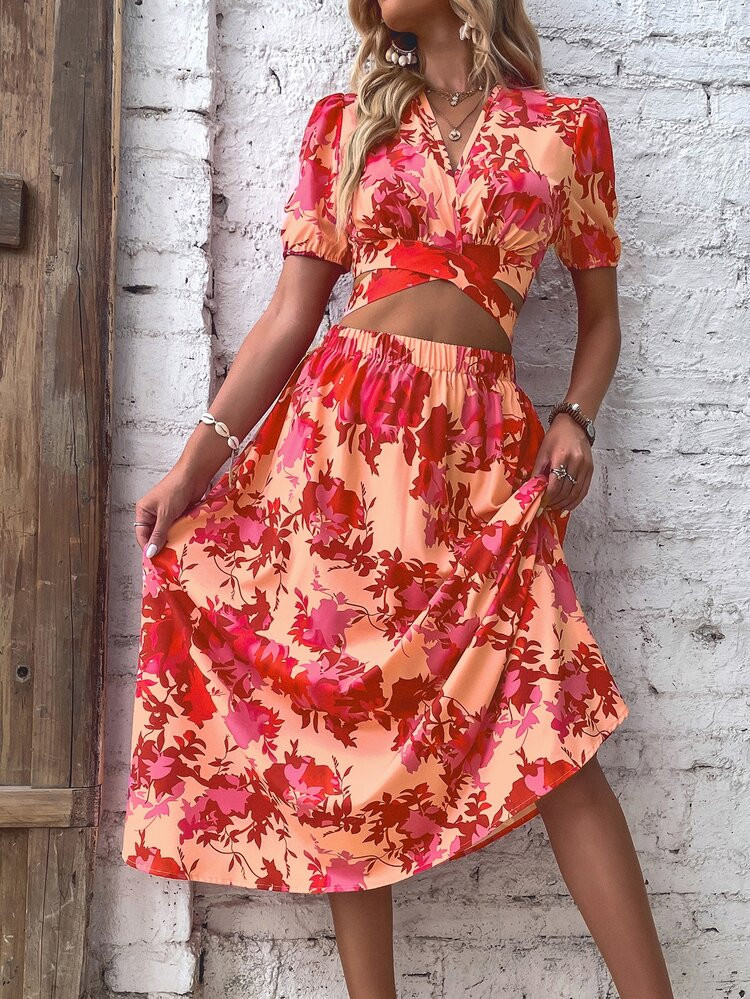 Allover Floral Print Surplice Neck Tie Back Top & Skirt | SHEIN