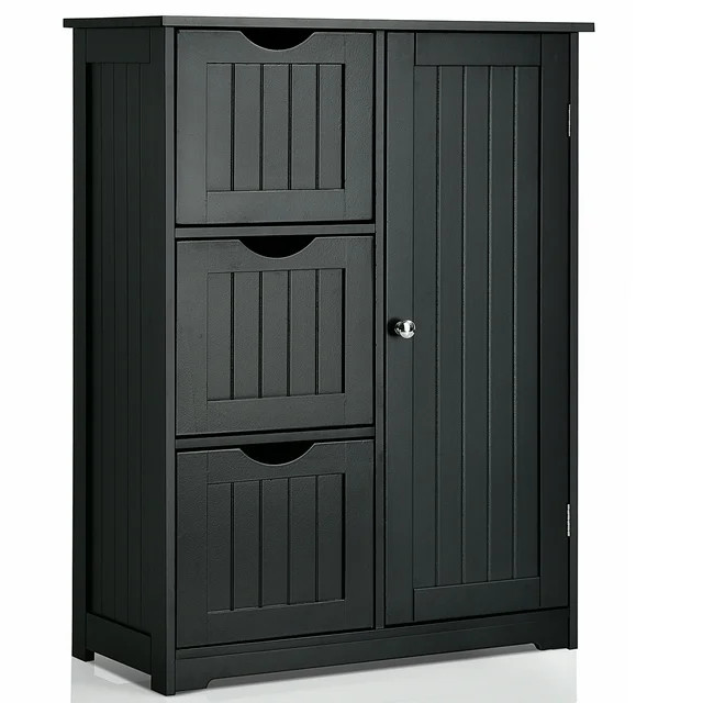 Costway Bathroom Floor Cabinet Side Storage Cabinet with 3 Drawers and 1 Cupboard Black | Walmart (US)