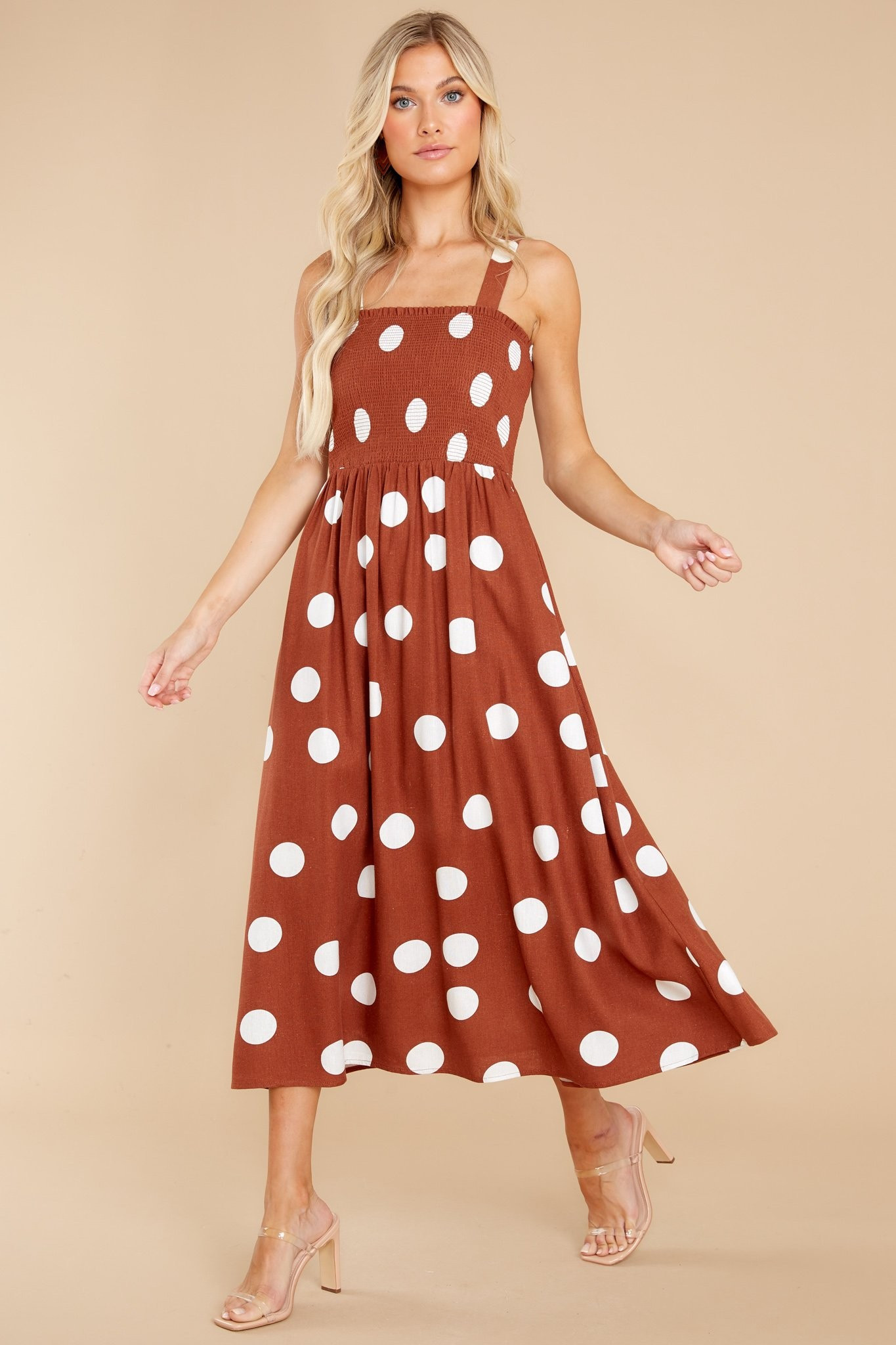 Steal The Spotlight Brown Polka Dot Dress | Red Dress 