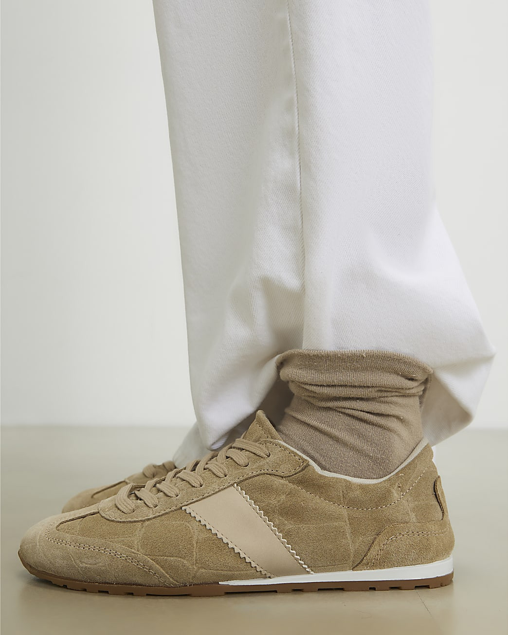 Beige Suede Elastic Back Trainers | River Island UK & IE