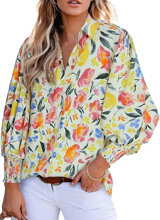 Astylish Women 2024 Loose V-Neck Shirts Paisley Print Lantern Sleeve Blouse Tops | Amazon (US)