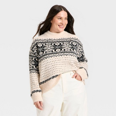 Women's Alpine Crewneck Pullover Sweater - Universal Thread™ White Snowflakes 1X | Target