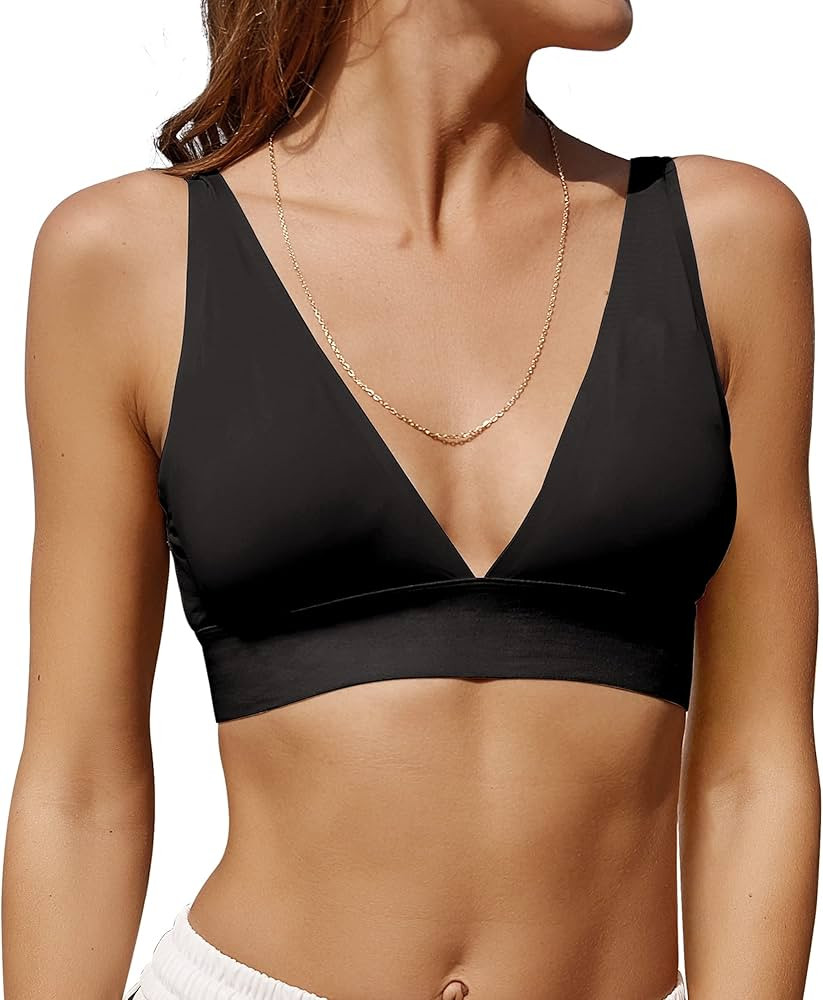Knowyou Women's Seamless Plunge Bra Deep V-Neck Wireless Comfort Bra Unlined Triangle Bras Stretc... | Amazon (US)