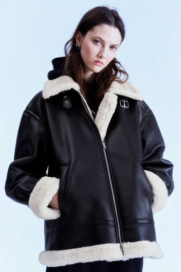 Oversized teddy-lined jacket - Black - Ladies | H&M GB | H&M (UK, MY, IN, SG, PH, TW, HK)