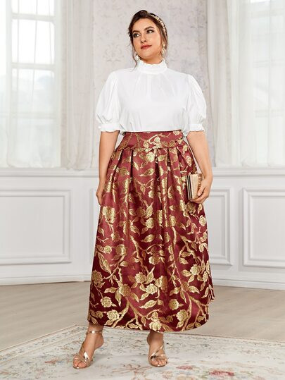 SHEIN Plus Frill Trim Puff Sleeve Top & Jacquard Skirt Set | SHEIN