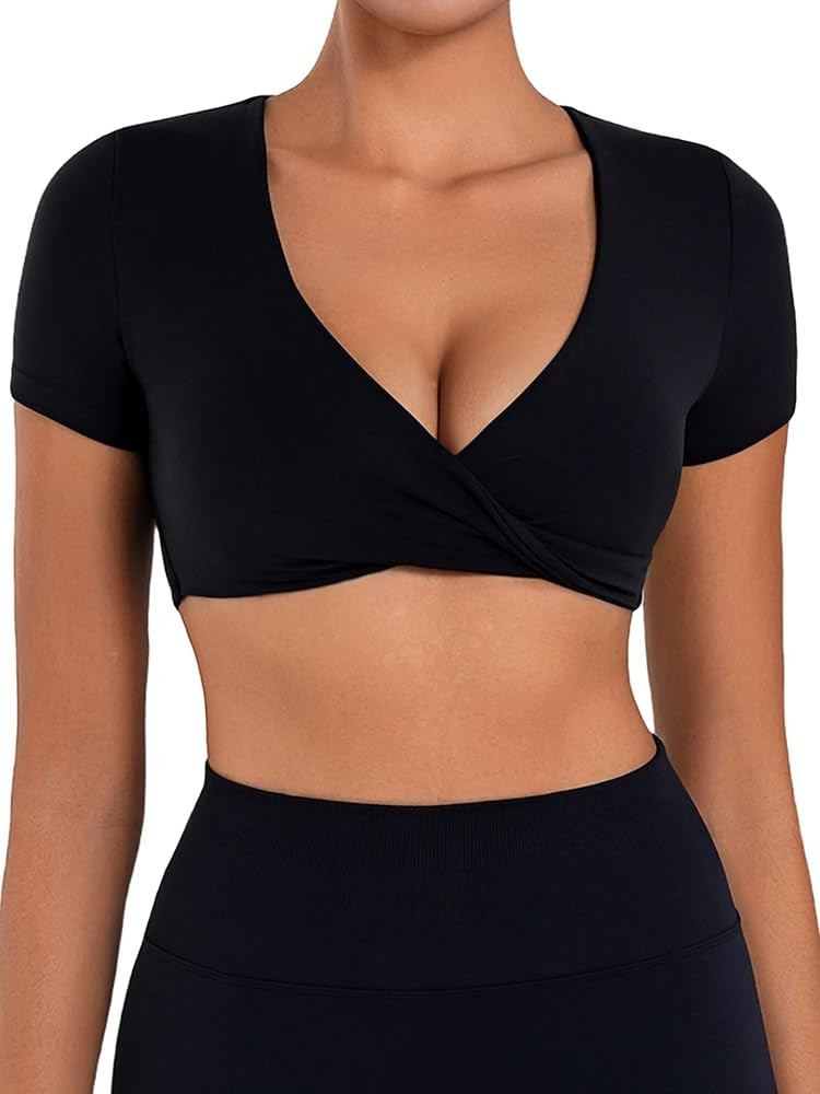 Sunzel Women's Short Sleeve Workout Tops Twist Front Deep V Crop Top Quick Dry Compression Shirts... | Amazon (US)